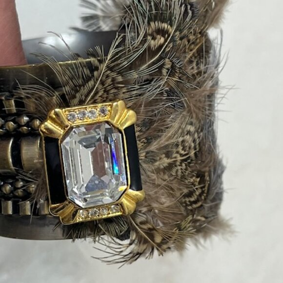 VTG Bird Feathered Crystal Rhinestones Brass Metal Bracelet Adjustable 6.5" - Picture 12 of 16